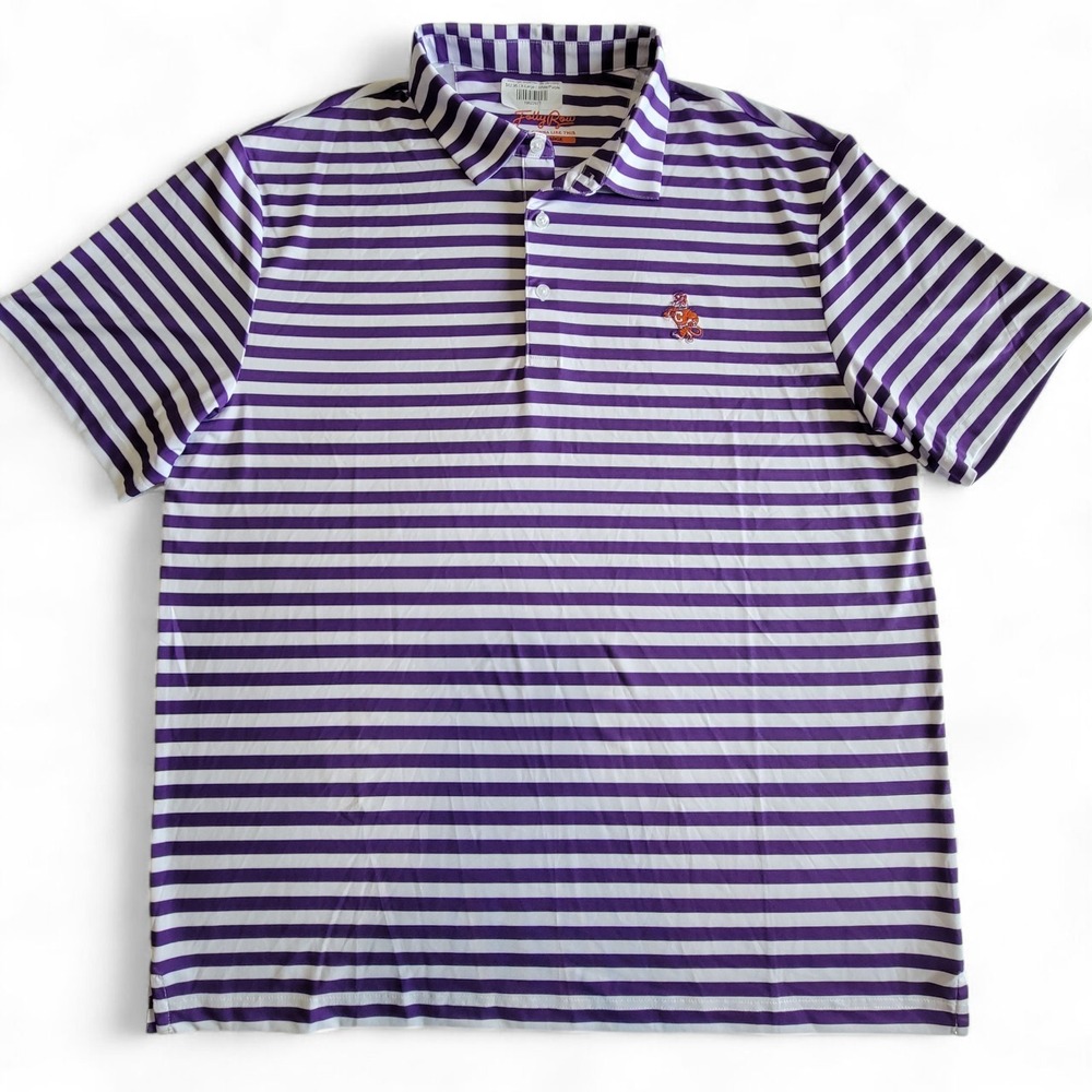 Folly Row Banks Tiger Striped Polo Purple White Tee Shirt Men XL Preppy Athletic